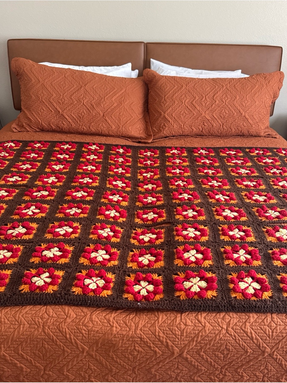 Handmade Crochet Granny Square Afghan Throw 94x51 Floral Brown Red Orange AS-IS
